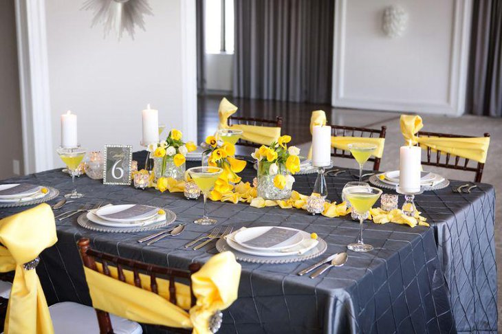 Stunning table set up in grey and yellow for baby shower