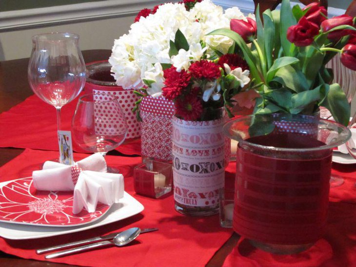 Stunning Valentines Table decor with white roses and red tulips