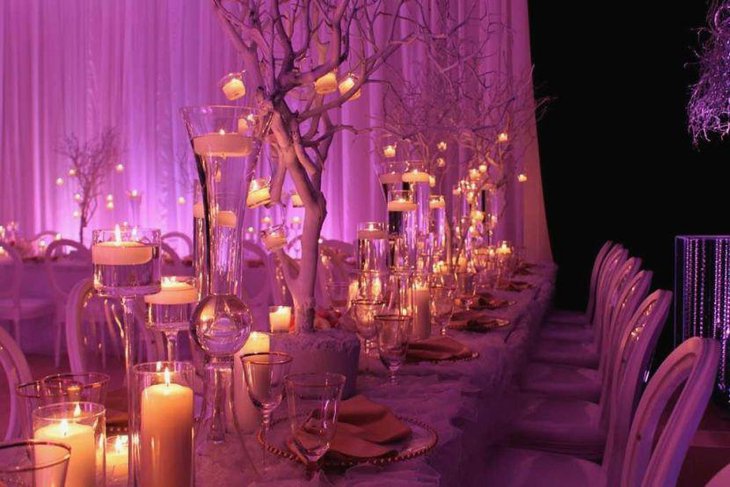 Stylish purple themed winter wedding tablescape