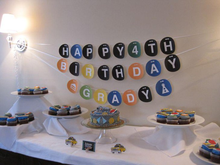 Subway themed boys birthday party dessert table
