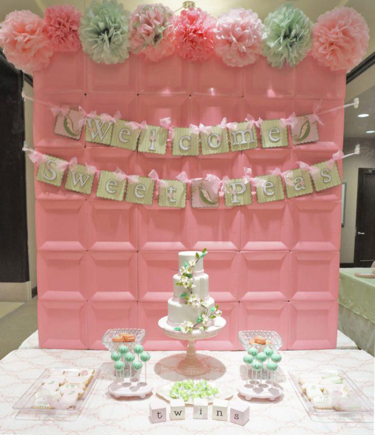 Sweet pea pod themed twin baby shower table