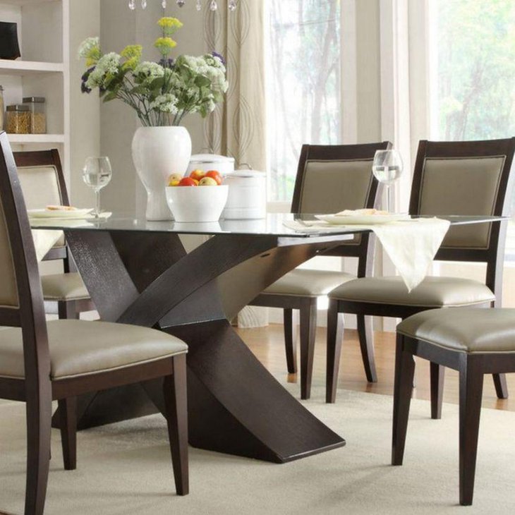 Tempered glass dining table with wood base