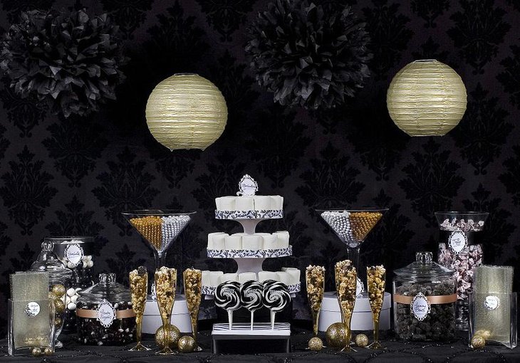 The Black White and Golden New Years Eve Candy Party Table Decoration