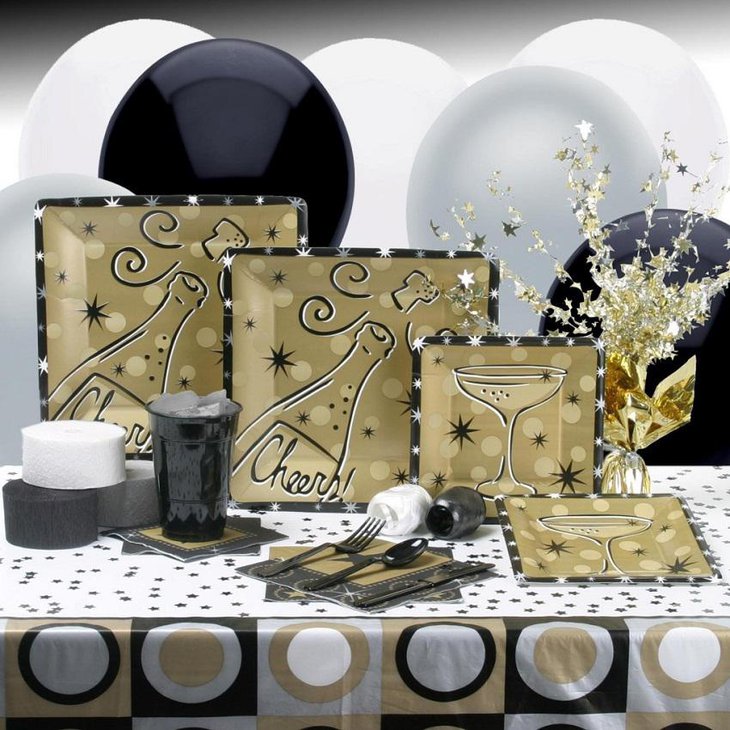 The Black White and Golden New Years Eve Cheers Party Table Decoration