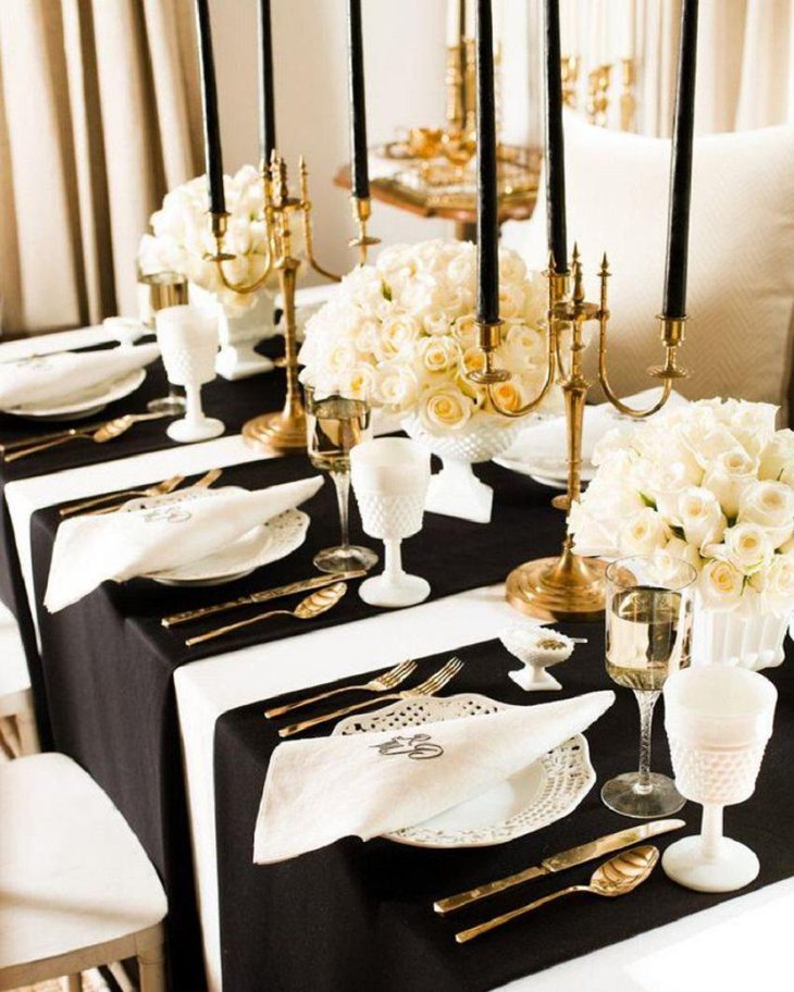 The Black White and Golden New Years Eve Gatsby Themed Party Table Decoration