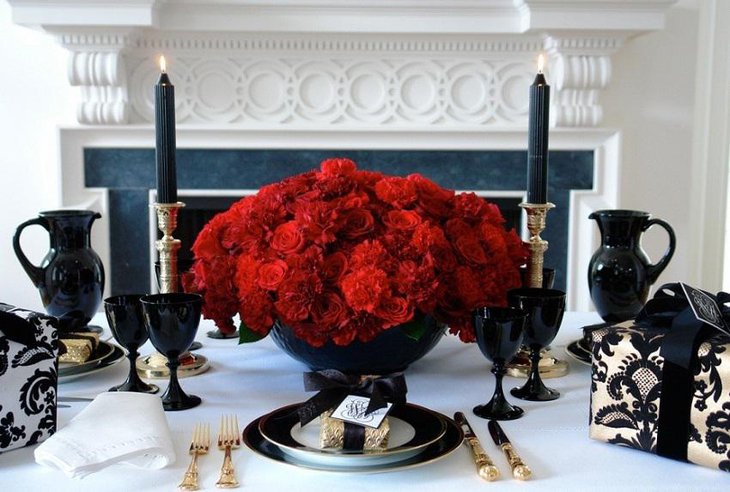 The Black White and Red New Years Eve Rosy Party Table Decoration