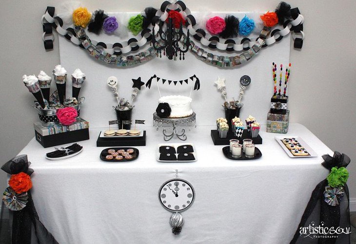 The Black White and Vibrant Multi Colored New Years Eve Party Table Decoration