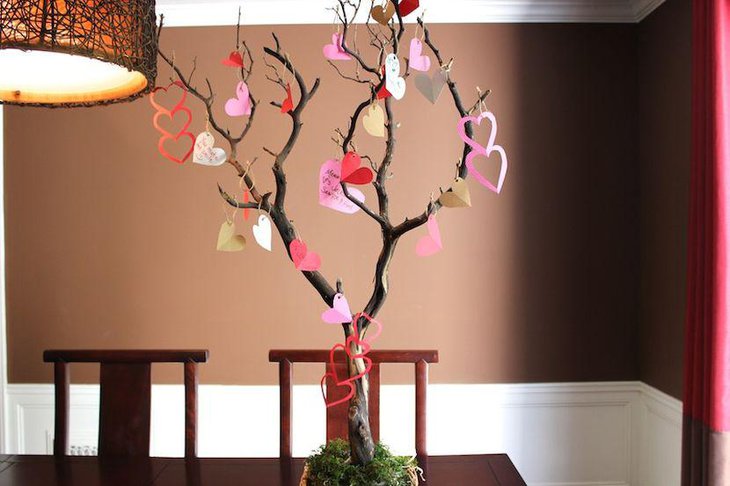 Tree Valentine centerpiece idea with paper hearts