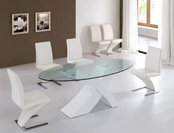 Trendy tempered oval glass dining table set with white chairs