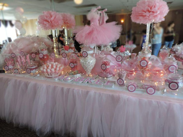 Tutu themed baby shower candy table in pink and white