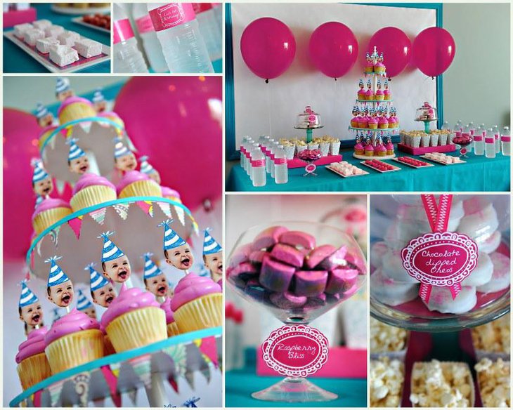 Unique Pink and Blue Birthday Dessert Table Decor