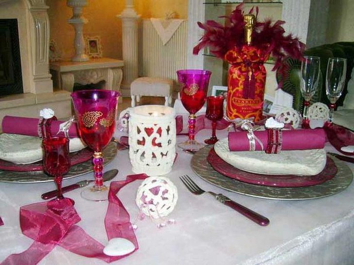 Valentines table decor with white ornamental pieces