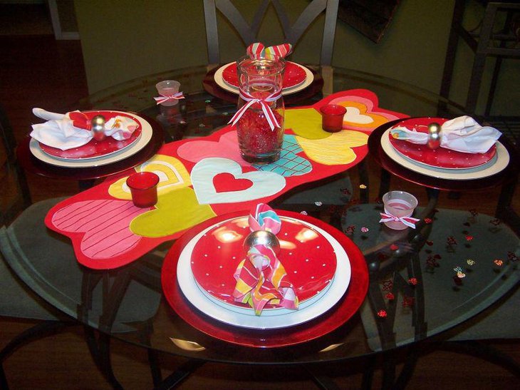 Valentines table setting with cute heart imprinted table runner