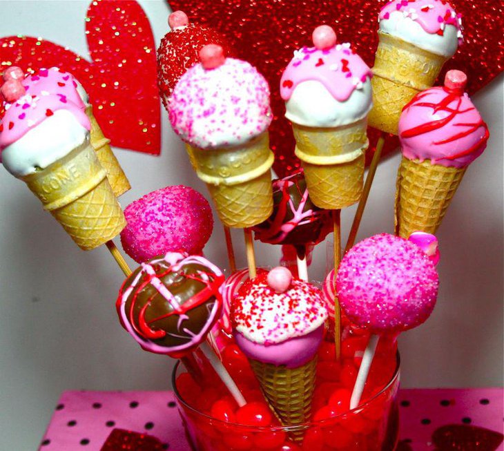 Valentines tablescape with candy and icecream pops bouquet