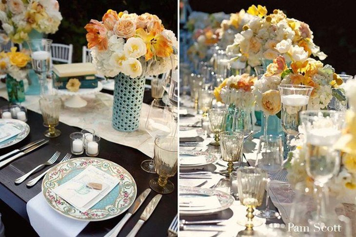 Vintage garden party table decor with vases