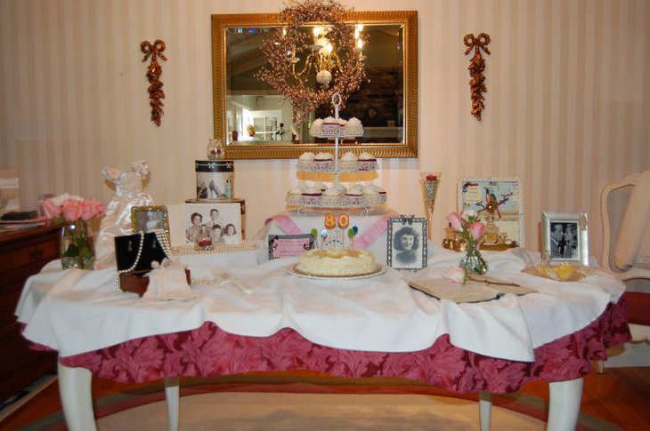 Vintage grandmas 80th birthday cake table decor