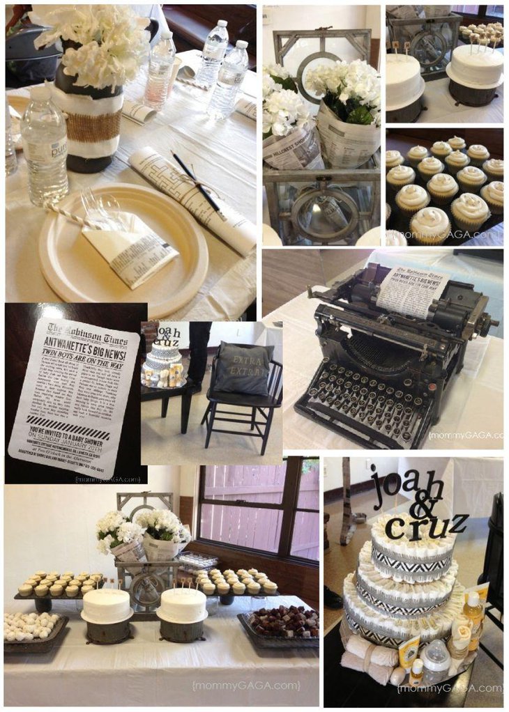 Vintage newspaper themed twin baby shower table