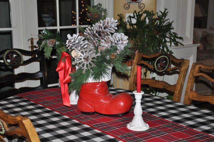 Vintage Red Boot Christmas Table Centerpiece With Silver Sprayed Pinecones