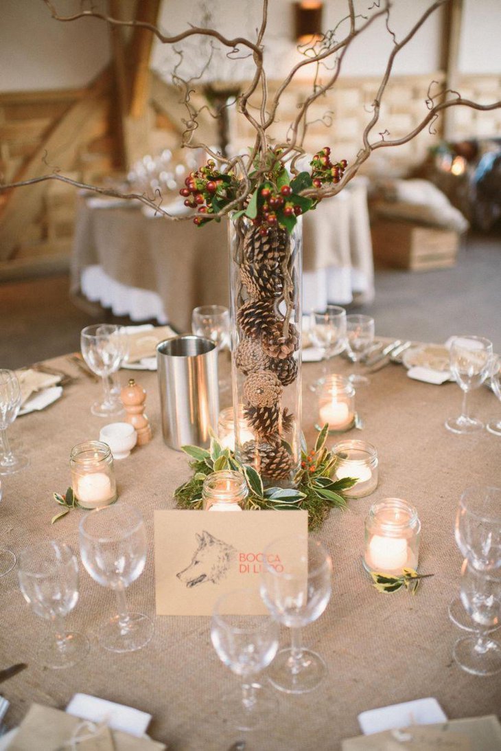 Vintage wedding table decor with pines and berries