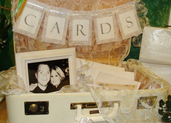 Vintage wedding table decor with suitcase card holder