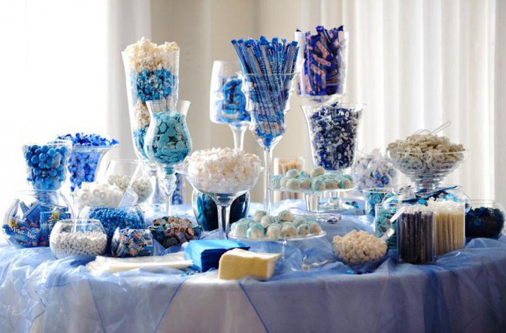 Wedding candy table with blue decor