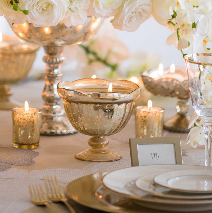 Wedding table decor with gold mercury candle containers 1