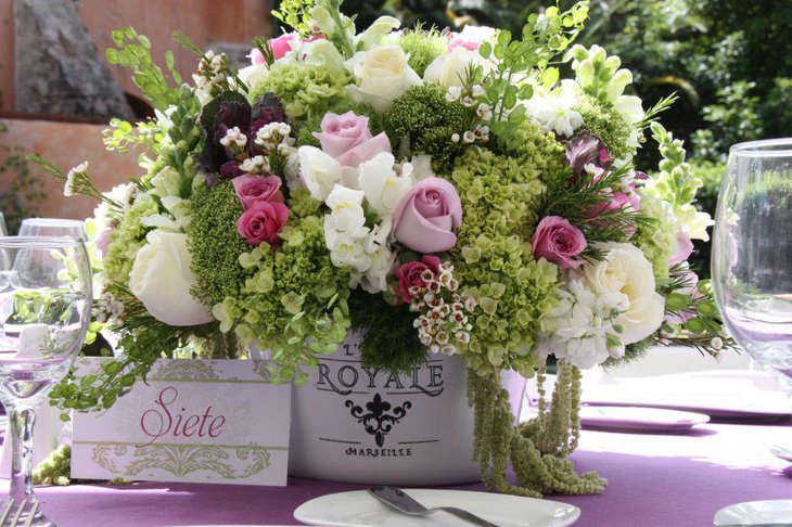 Wedding table floral vintage tin centerpiece