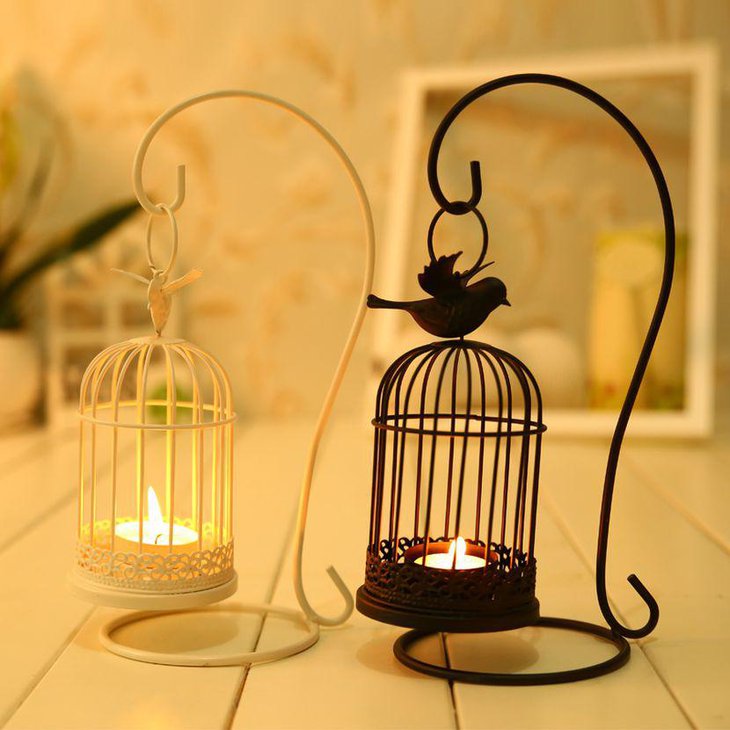 White and black candle birdcage table decor for wedding