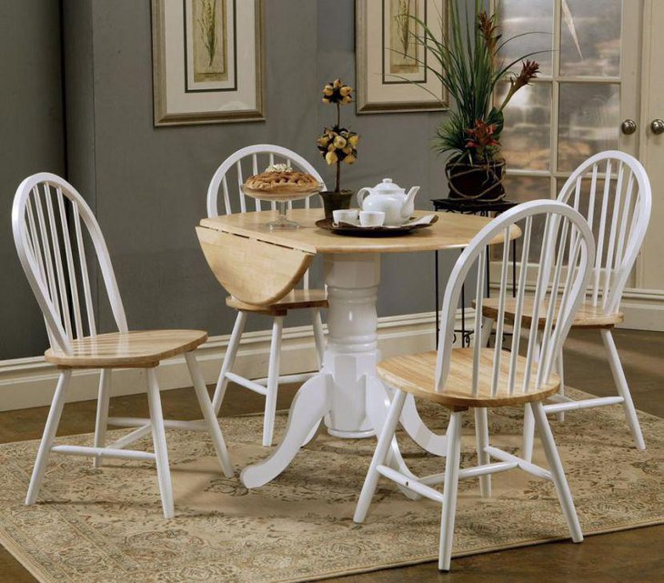 White and brown drop leaf dining table set with thick stand