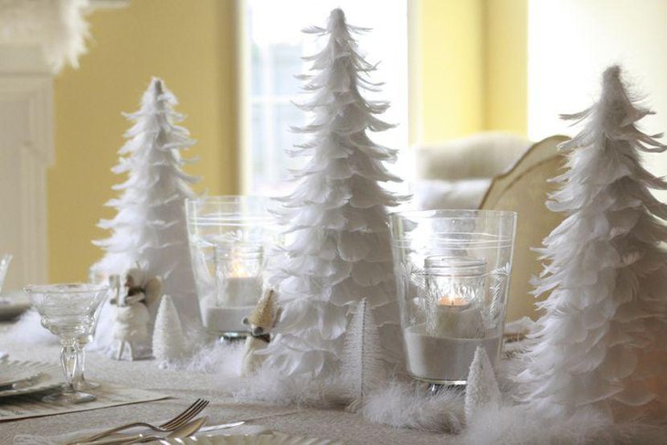 White Christmas Table Decor With Feathered Christmas Tree Centerpieces