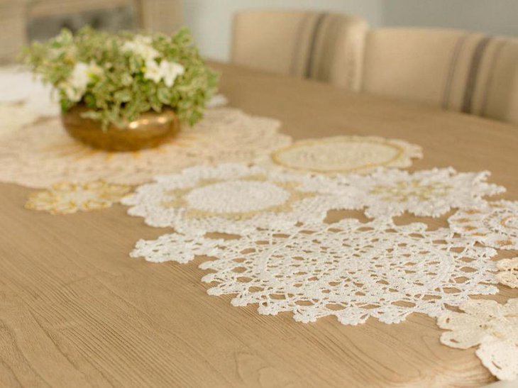 White cutout lace table runner for Thanksgiving