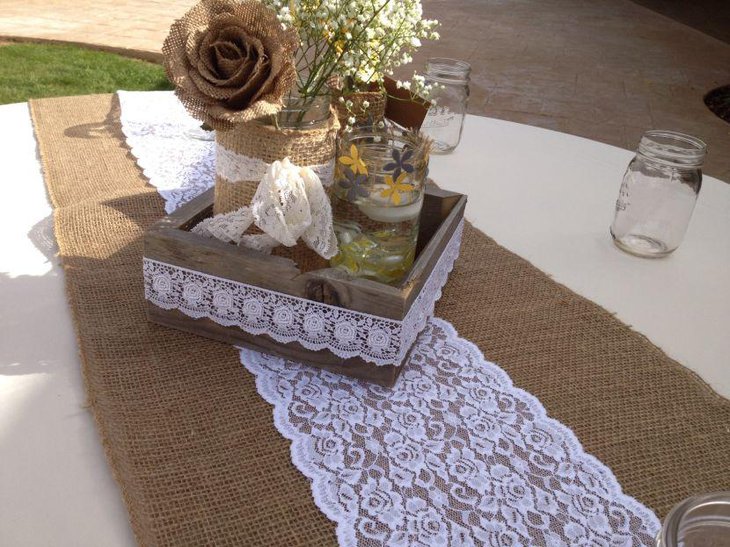White lace on burlap table runner