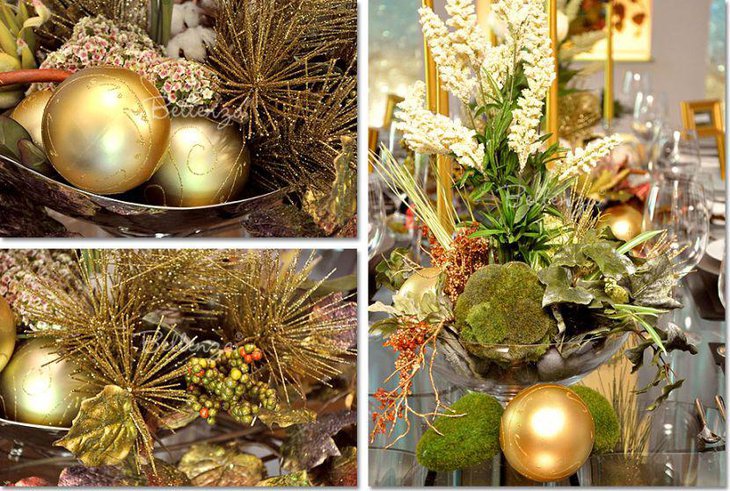 Winter table decor with Christmas balls and natural elements