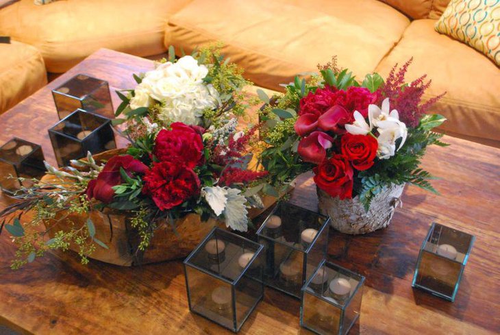 Winter table decor with colourful floral centerpiece