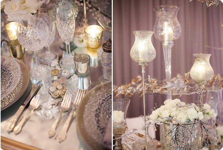 Winter wedding table decorations with silver votives and golden leaves