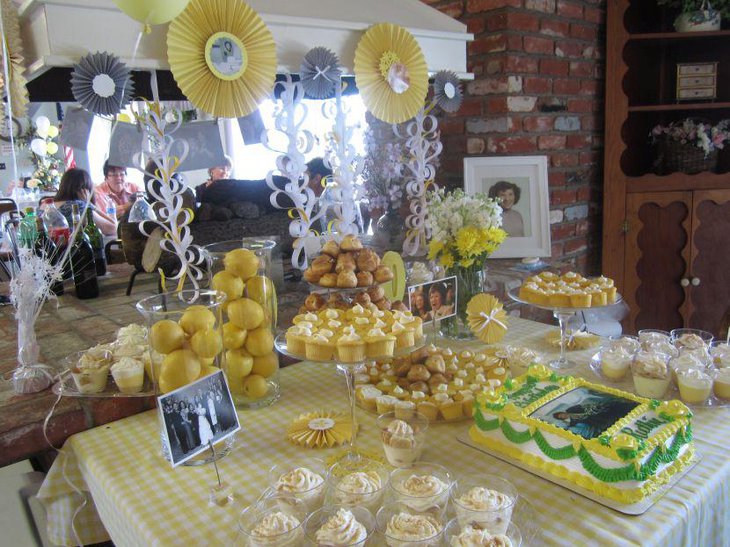 Yellow accented 80th birthday dessert table decor for a grandma