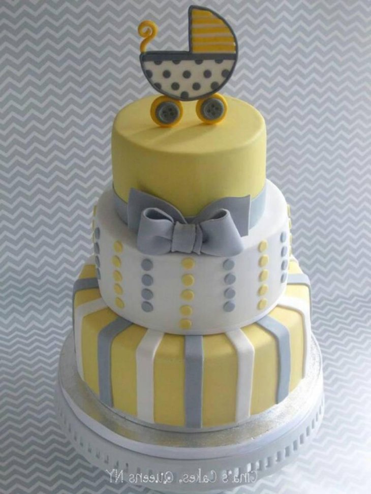 Yellow And Gray Baby Shower Cake With Gray Bow