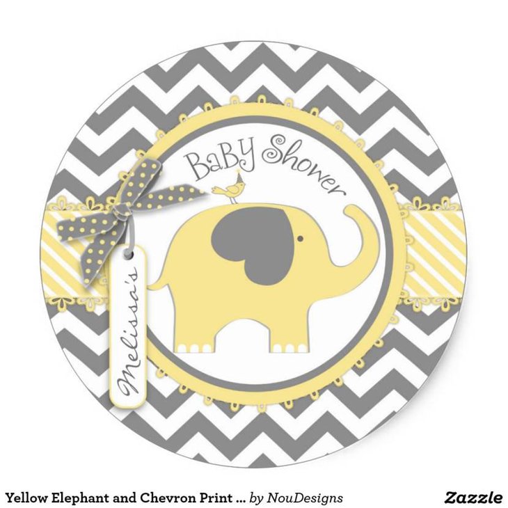 Yellow Elephant and Chevron Print Baby Shower Classic Round Sticker
