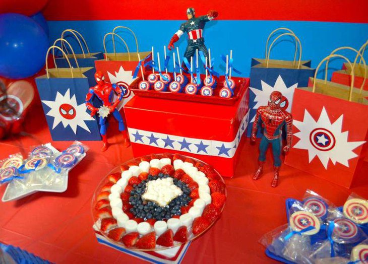 Yummy food table for Spiderman birthday party