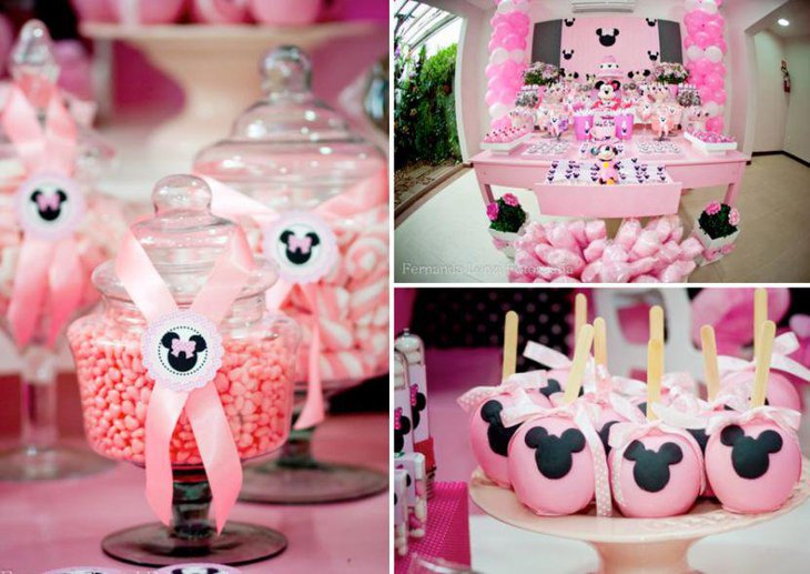 Yummy looking Minnie Mouse candy buffet table with pink decor ideas