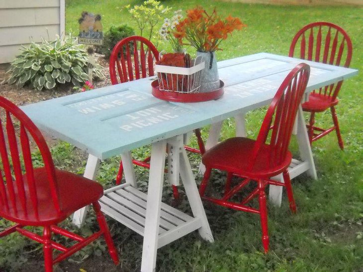 A DIY dining table made using an old door