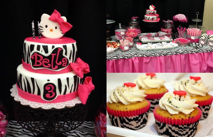 A Hello Kitty baby shower cake with matching cupcakes