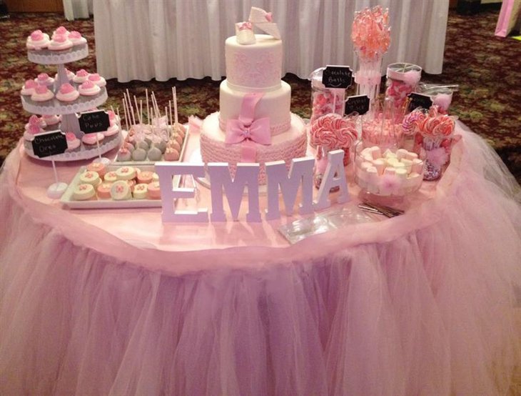 A pink baby shower cake themed around the tutus for ballerinas