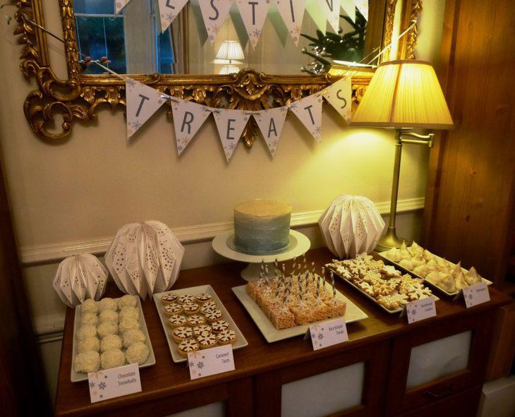 A silver and golden themed Christmas dessert table