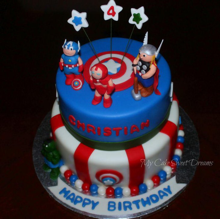 Adorable Avengers themed cake on party table