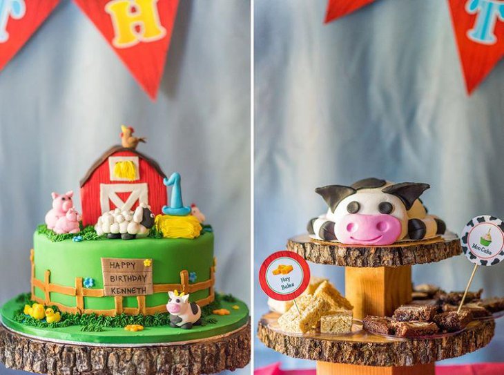 Adorable farm themed first birthday cake for boys