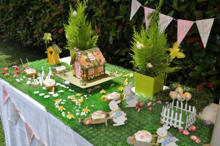 Adorable spring garden birthday party table decor