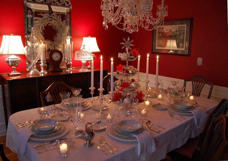 Amazing Christmas Table Decor With Red Flowers and Silver Balls In Four Tiered Silver Metal Holder