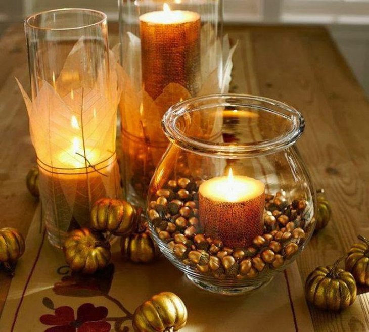 Amazing Glass Candle Holder With Golden Acorns As Table Centerpieces