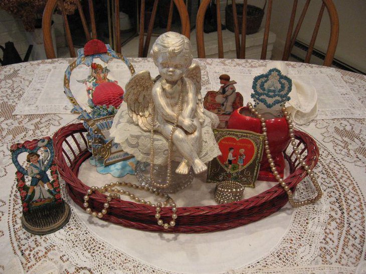 Antique vignette centerpiece on Valentines table